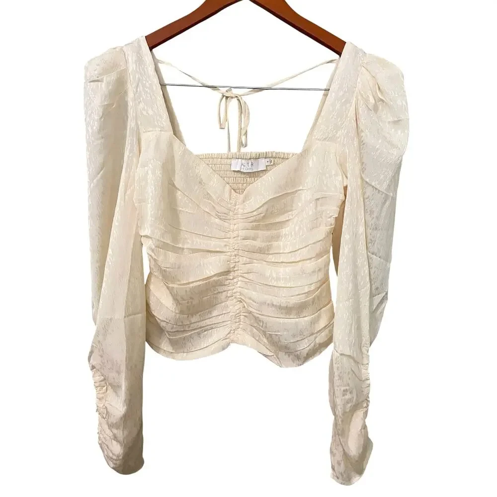 ASTR Ruched Cropped Blouse Small Cream Smocked Party Romantic Coquette Bridal